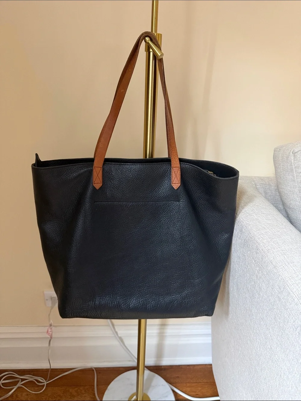 Madewell Classic Black Leather Tote with Brown Handles